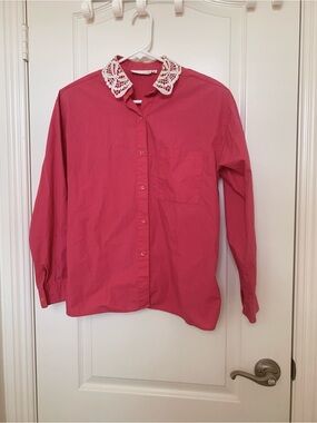 Vintage Stuart Lang Fuchsia Pink Lace Statement Collar Blouse 6